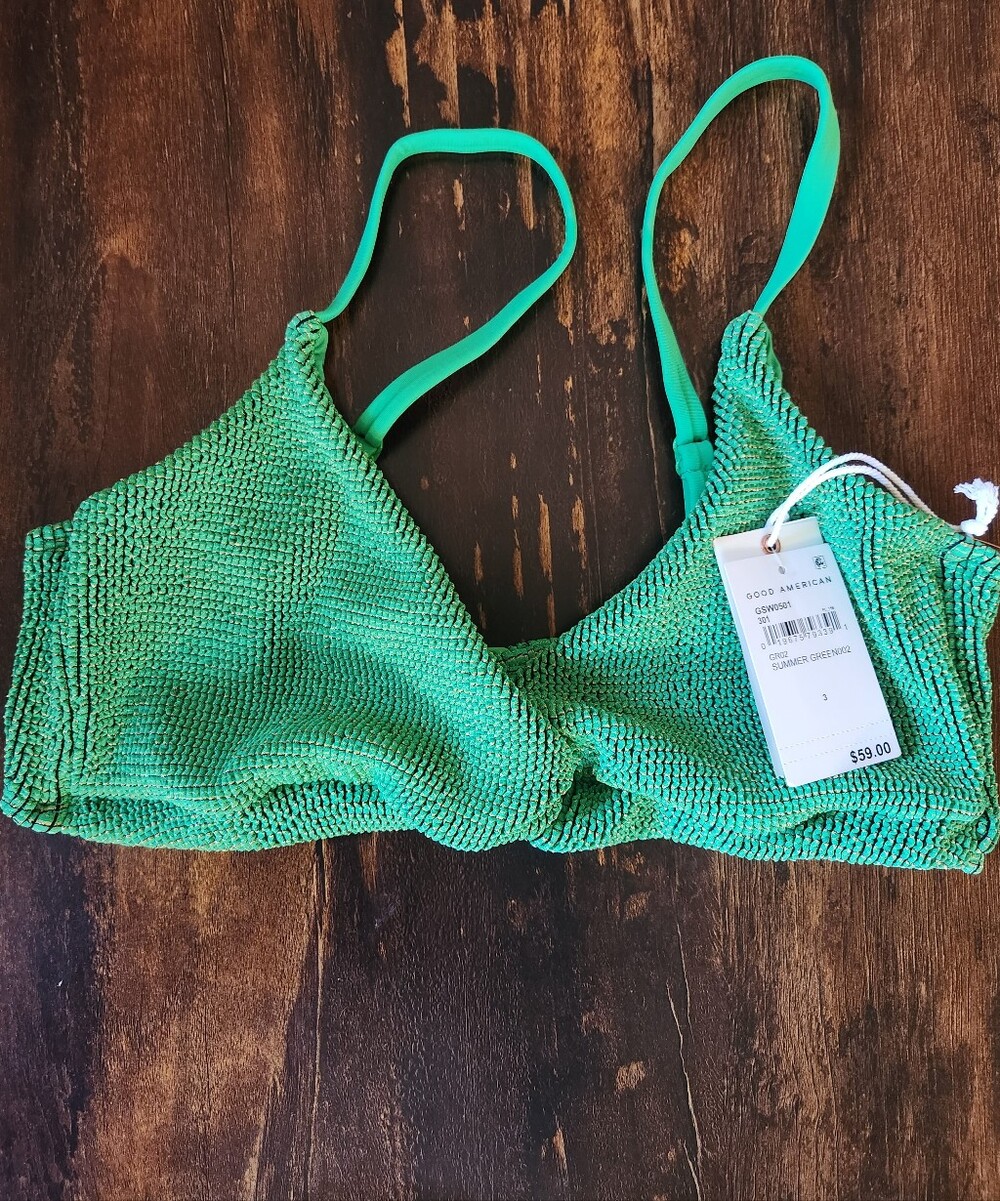 Good American Metallic Green Always Fits Sculpt Twist Crinkle Swim Bikini Size 3